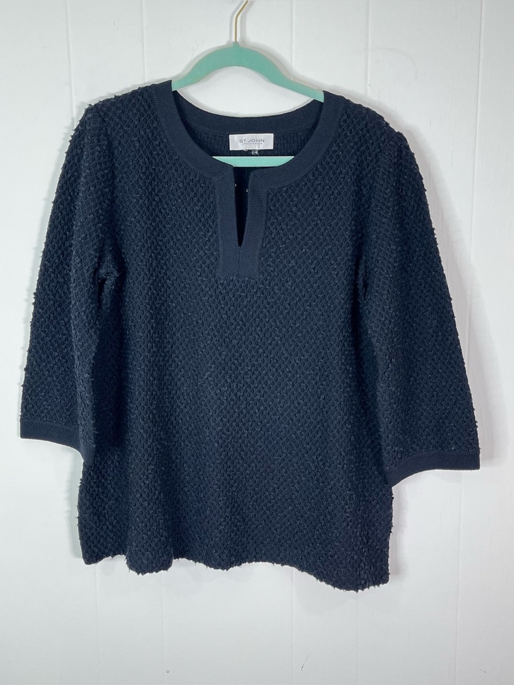 St. John Collection Black Textured Knit Pullover Sweater 3/4 Sleeve Tunic
